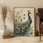 Framed artwork of a peacock in a living room setting with books and decor.