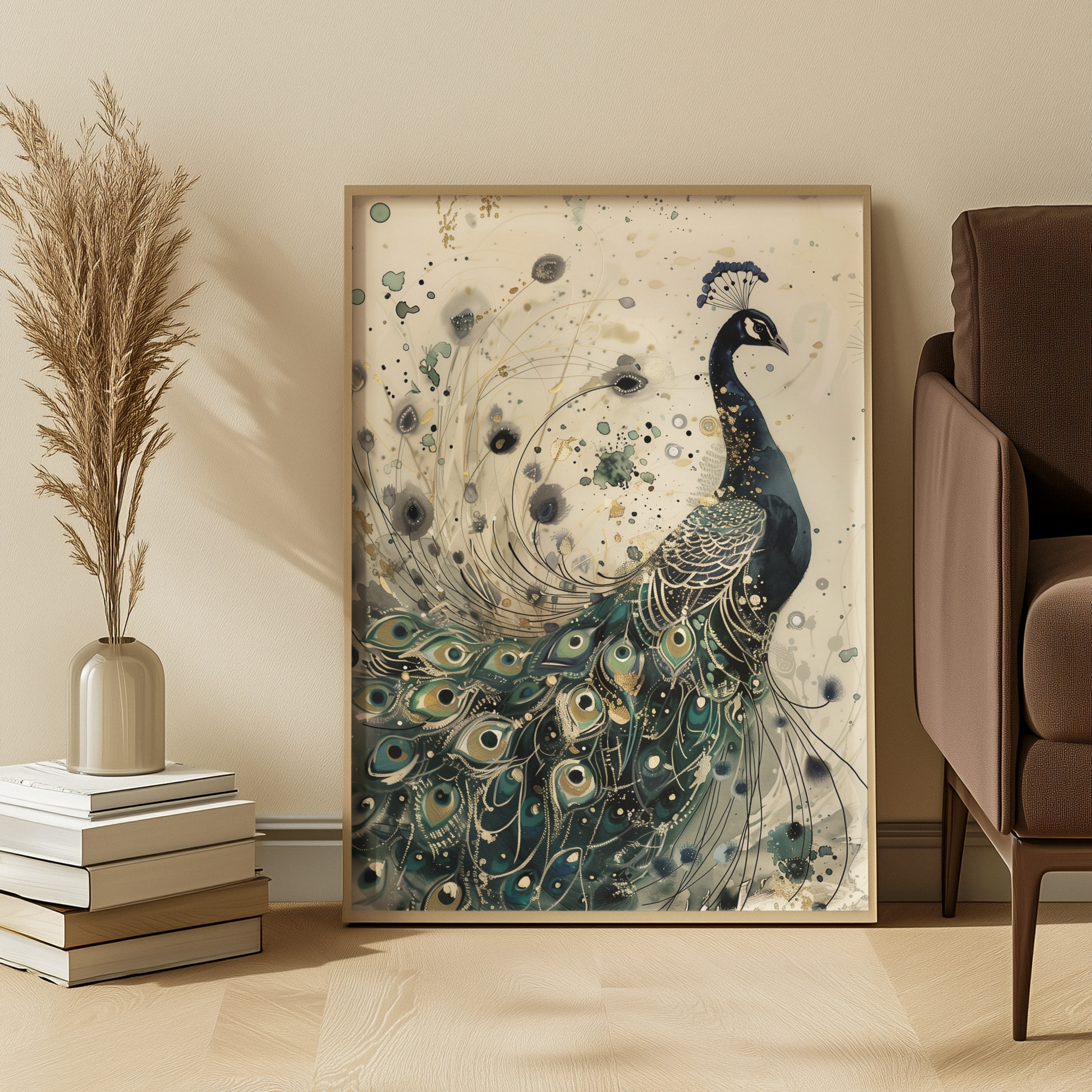 Framed artwork of a peacock in a living room setting with books and decor.