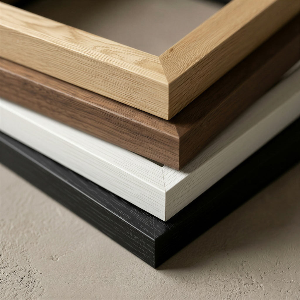 Close-up of wooden picture frames in various colors on a textured surface.