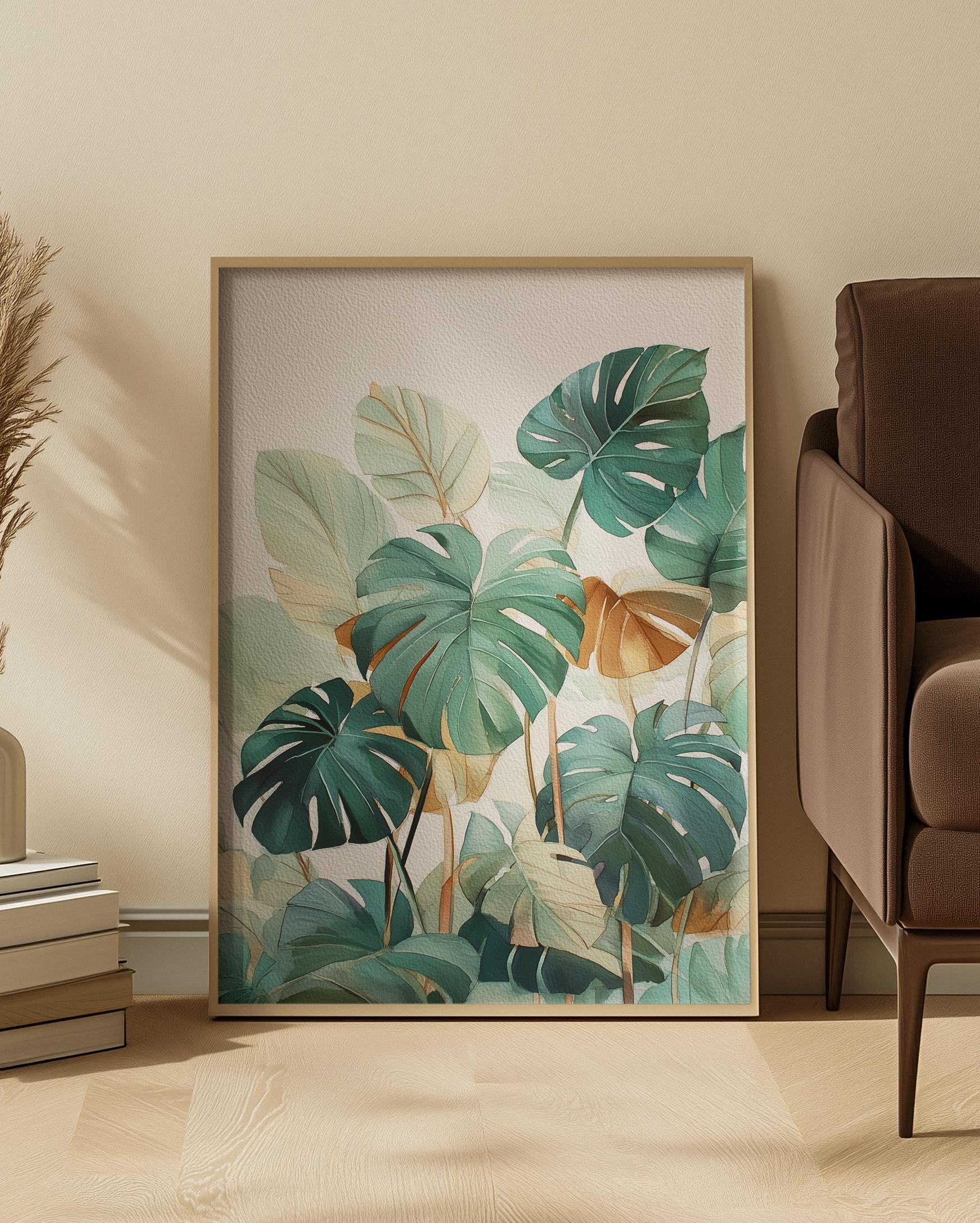 Watercolor Monstera Leaf Art Print: Tropical Green Botanical