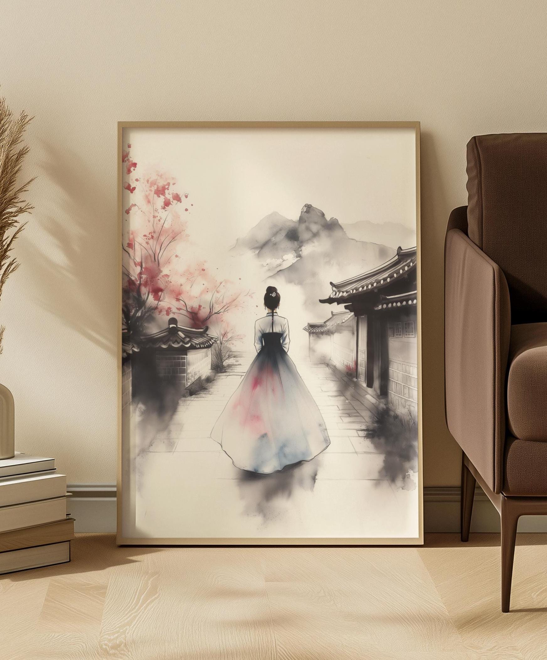 Korean Ink Hanbok Art Print: Soft Blush Tranquil Village Path