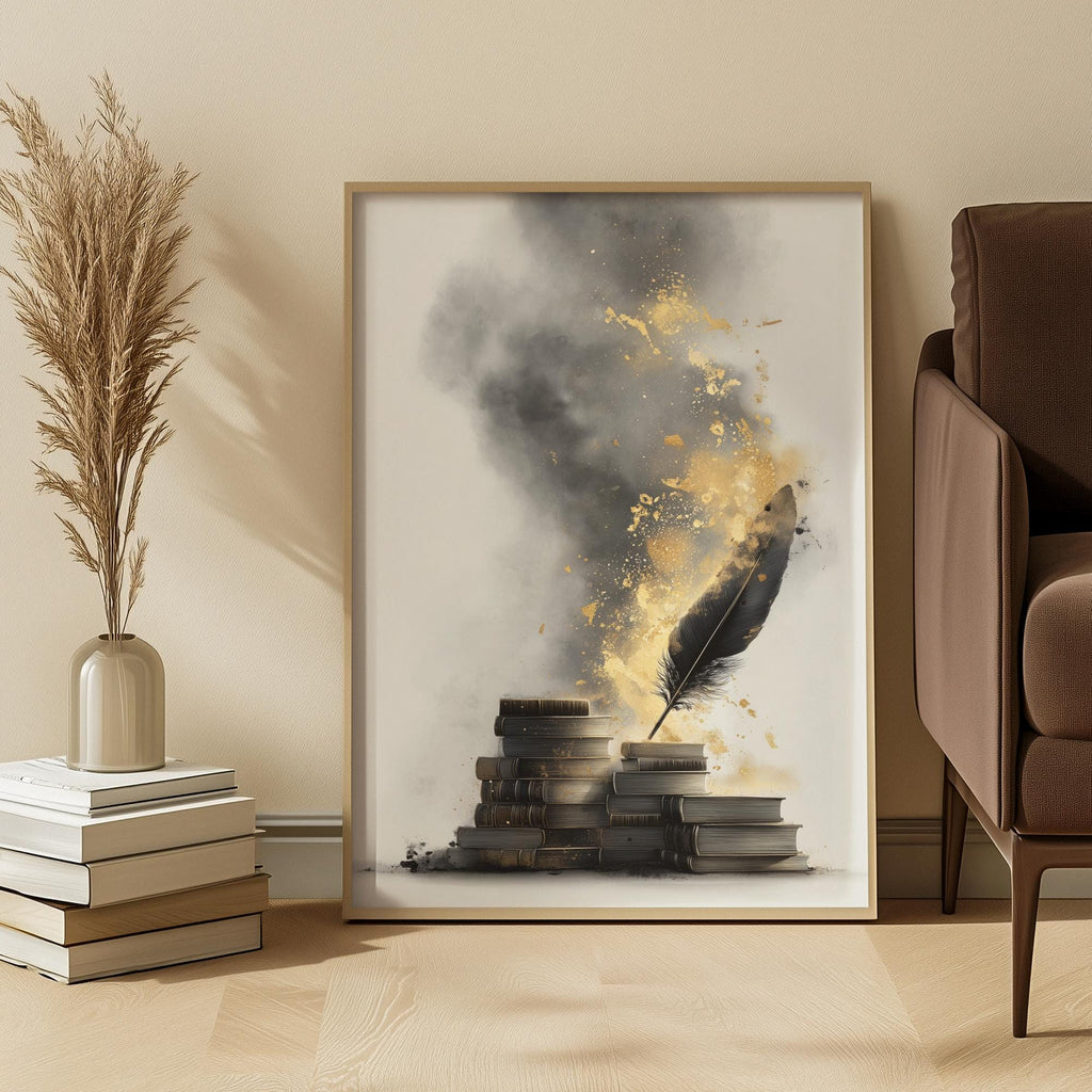 Framed artwork with a feather and books on a wall in a room with a chair and decorative items.