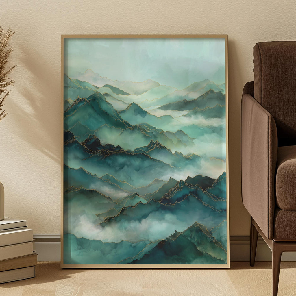 Emerald Mist Mountain Print: Teal & Gold Abstract Landscape