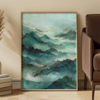 Emerald Mist Mountain Print: Teal & Gold Abstract Landscape