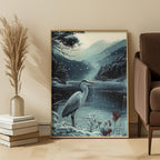 Framed artwork of a heron by a lake with mountains in a living room setting.