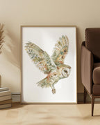 Botanical Watercolor Owl Art Print: Soft Earthy Woodland Flight