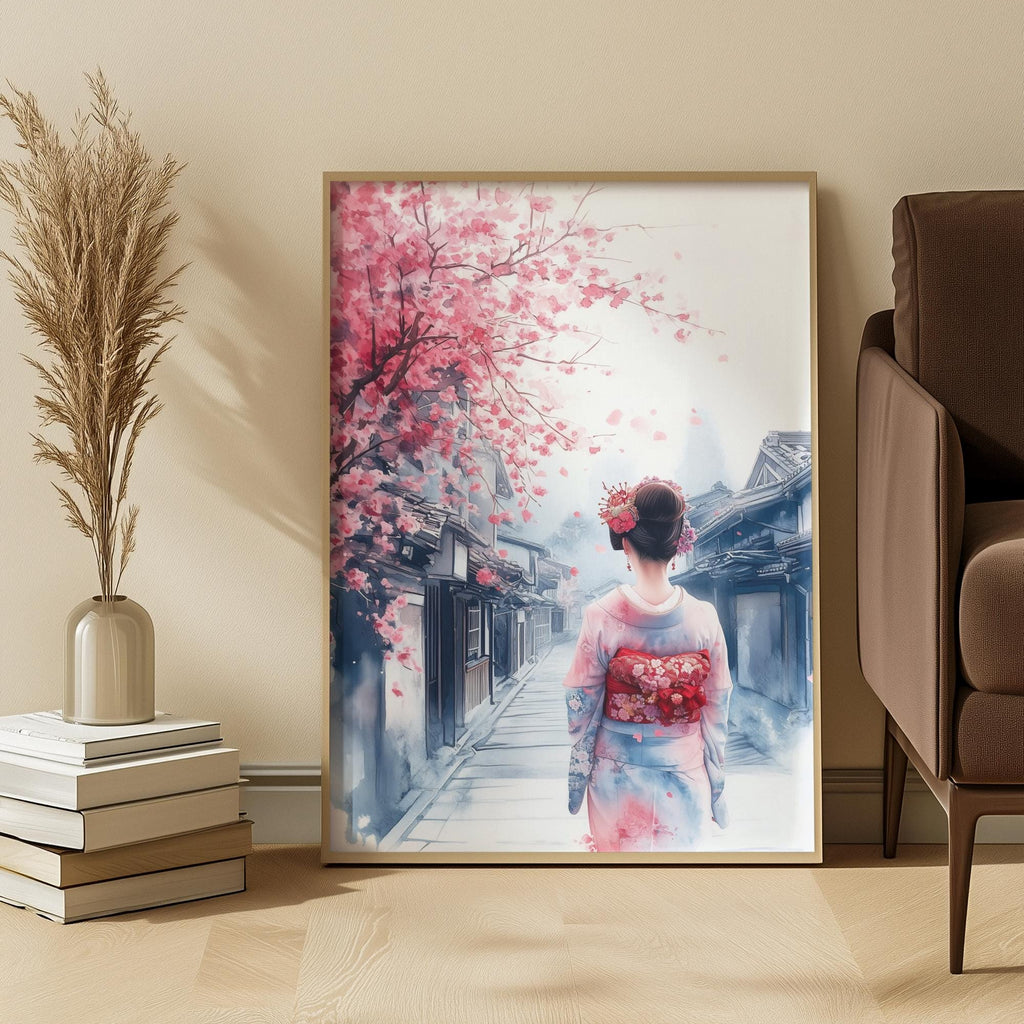 Japanese Watercolor Geisha Art Print: Red Kimono Street Scene With Soft Sakura Blossom Atmosphere