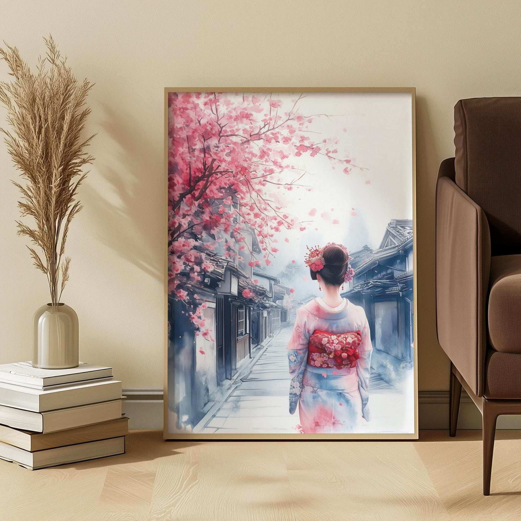 Japanese Watercolor Geisha Art Print: Red Kimono Street Scene With Soft Sakura Blossom Atmosphere