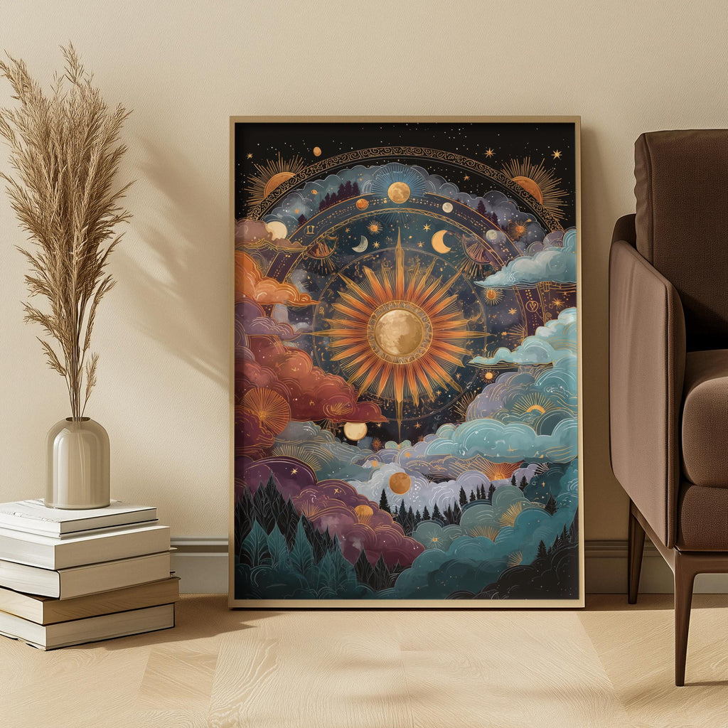 Framed artwork of a celestial scene in a room with decor elements.
