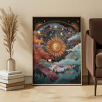 Framed artwork of a celestial scene in a room with decor elements.