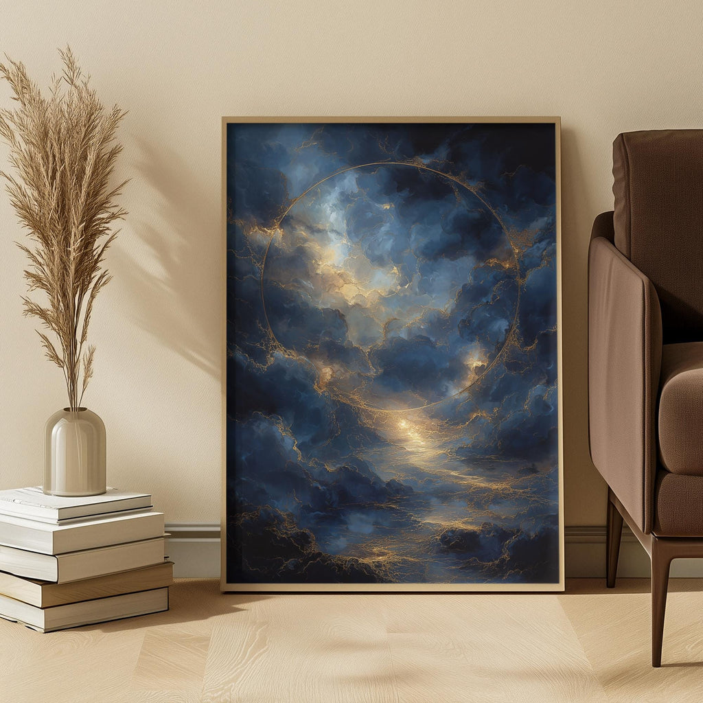 Framed artwork of a celestial scene in a living room setting with a chair and decor items.