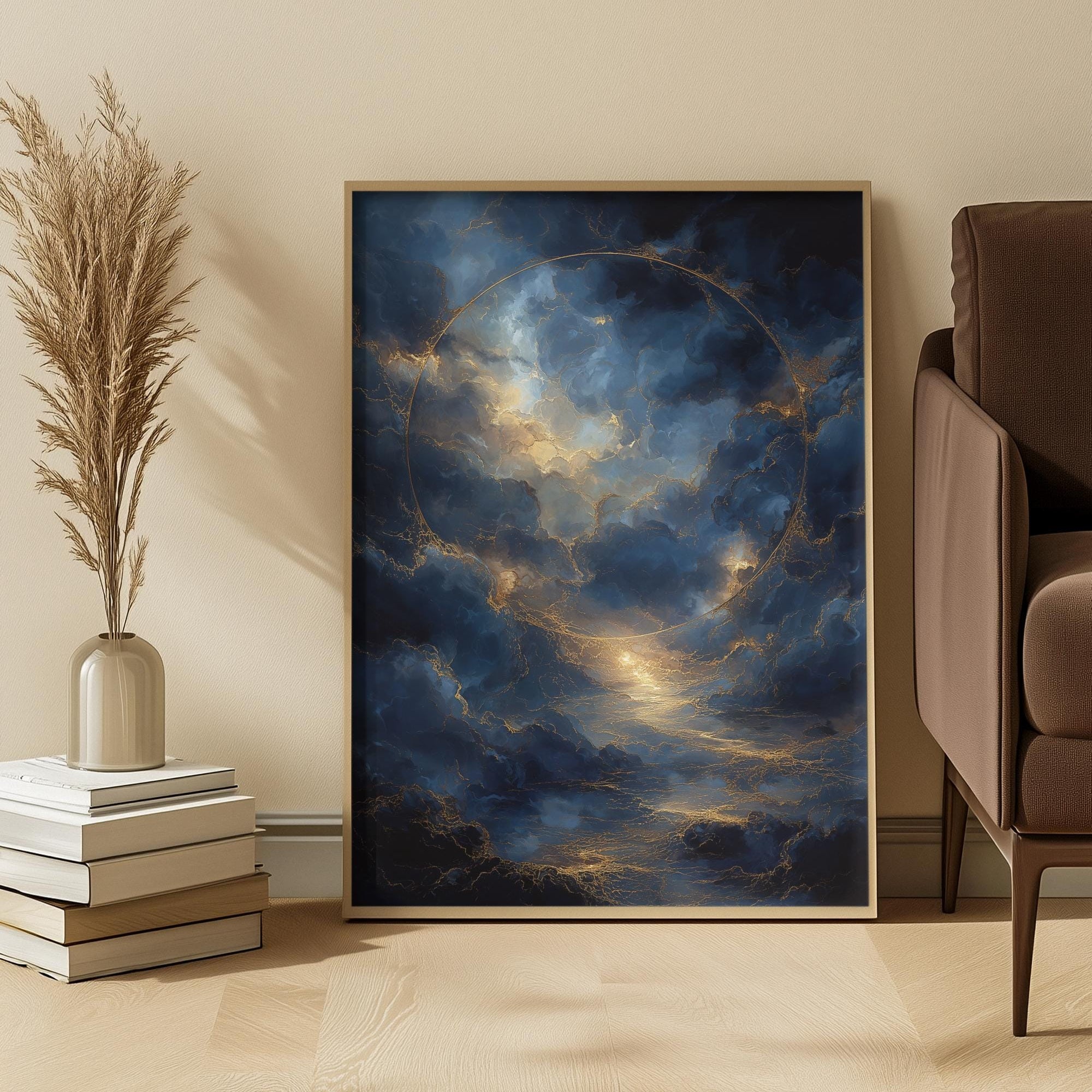 Framed artwork of a celestial scene in a living room setting with a chair and decor items.