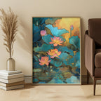 Framed artwork of lotus flowers in a living room setting with a chair and decorative items.