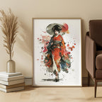 Framed artwork of a Japanese geisha in traditional kimono in a living room setting.