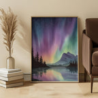 Watercolor Aurora Landscape Art Print: Purple Green Night Sky and Mountain Reflection