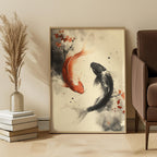 Framed artwork of two koi fish in a living room setting with a couch and decorative items.