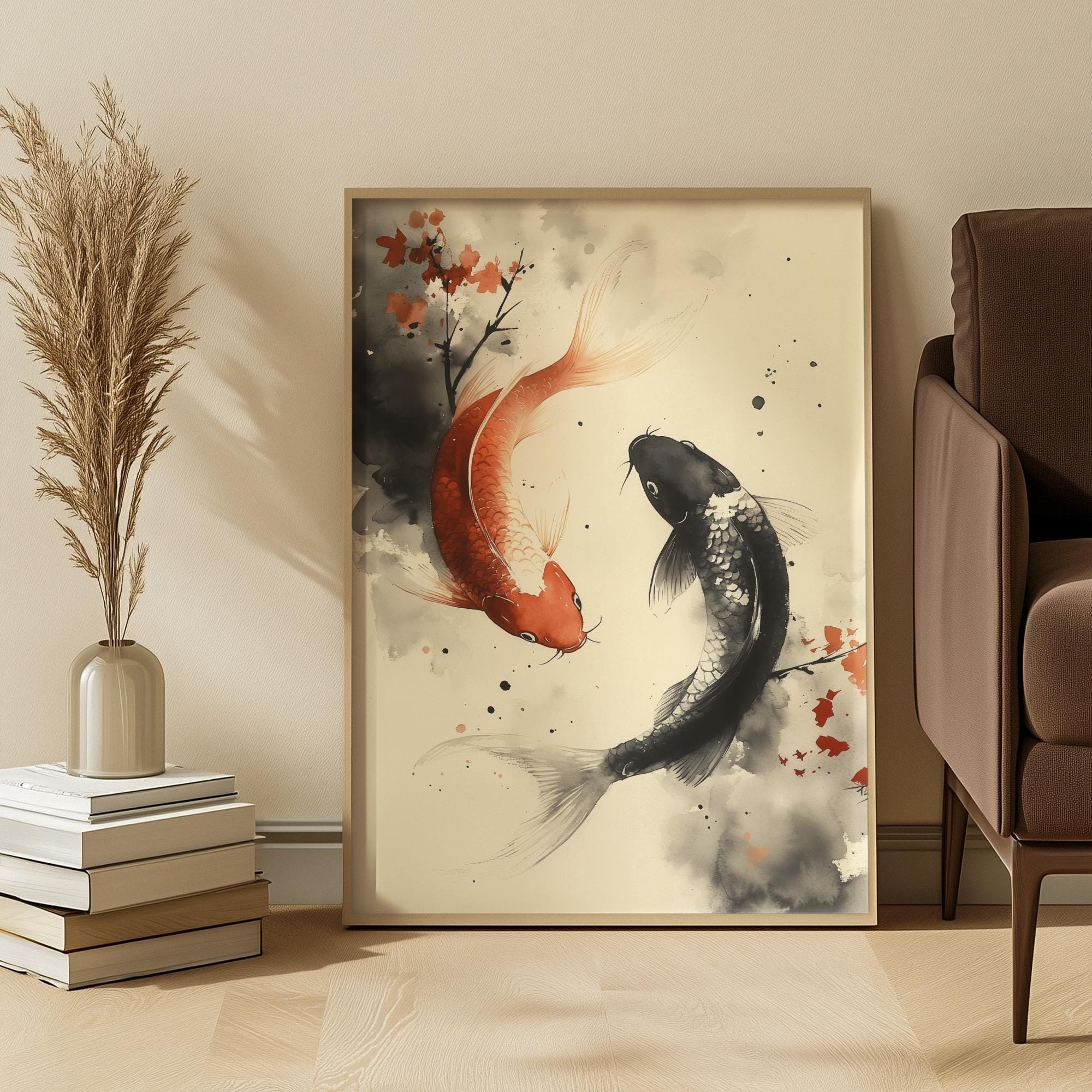 Framed artwork of two koi fish in a living room setting with a couch and decorative items.