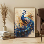 Framed artwork of a peacock in a living room setting with a couch and decorative items.