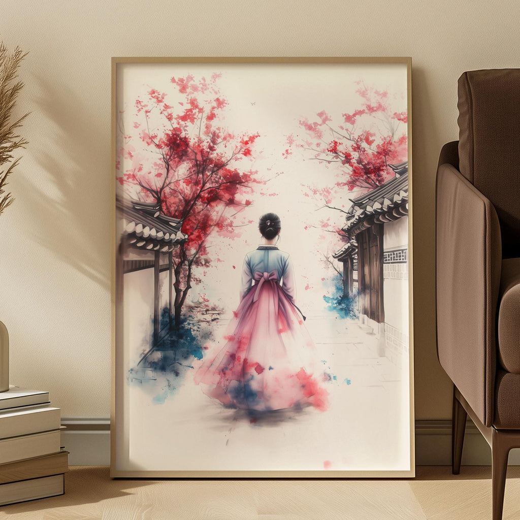Korean Hanbok Art Print: Pink Blossom, Traditional Asian Decor