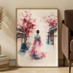 Korean Hanbok Art Print: Pink Blossom, Traditional Asian Decor