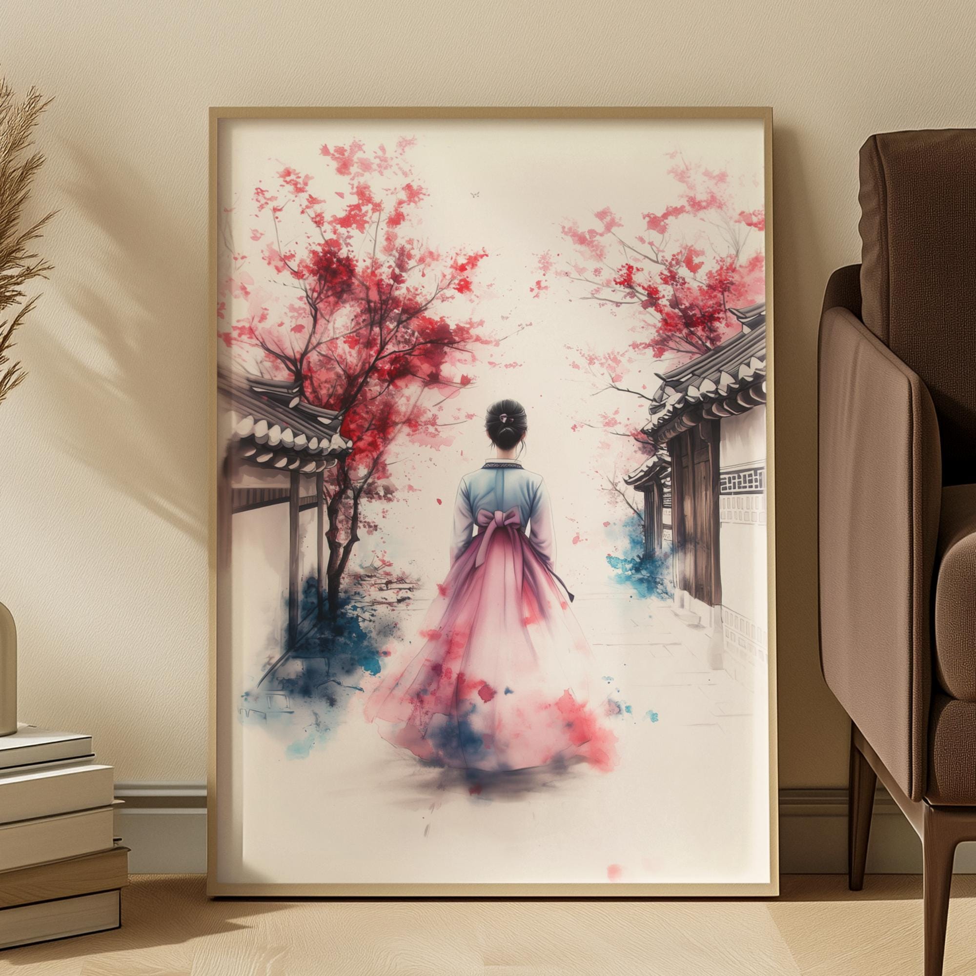 Korean Hanbok Art Print: Pink Blossom, Traditional Asian Decor