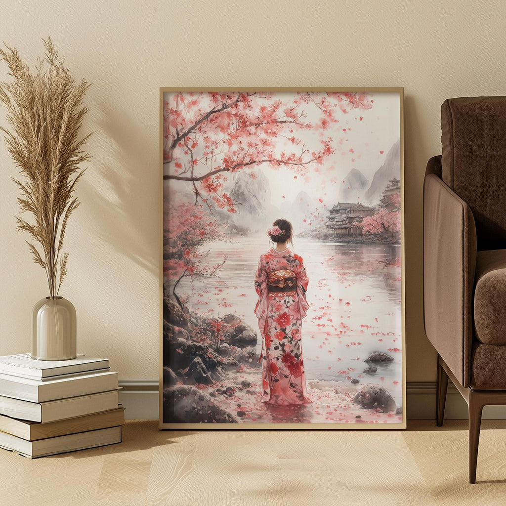 Japanese Watercolor Kimono Figure Art Print: Soft Pink Serene Cherry Blossom Scene