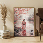 Japanese Watercolor Kimono Figure Art Print: Soft Pink Serene Cherry Blossom Scene