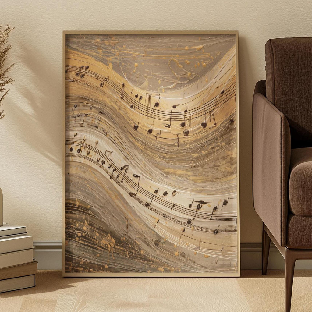 Framed artwork with musical notes on a wall in a room with a chair and books.
