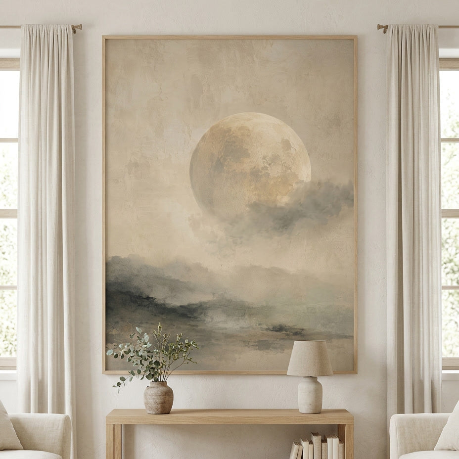 A large framed wall art print hangs above a light wood console table in a bright living room. The artwork depicts a soft, painterly landscape with a large pale moon, misty clouds, and muted blue-gray hills.