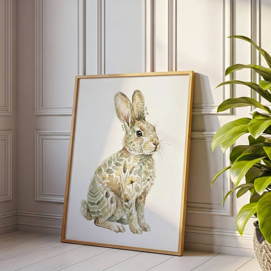 A framed art print of a spotted hare rabbit, leaning against a paneled wall in a bright room next to a green potted plant.