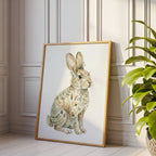A framed art print of a spotted hare rabbit, leaning against a paneled wall in a bright room next to a green potted plant.