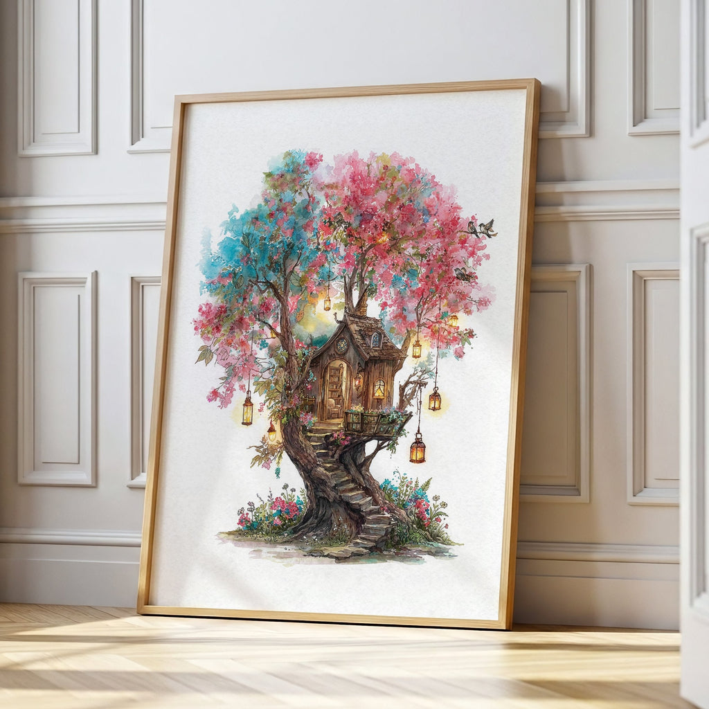 A framed art print depicting a whimsical treehouse nestled within colorful pink and blue foliage, leaning against a white paneled wall in a sunlit room.